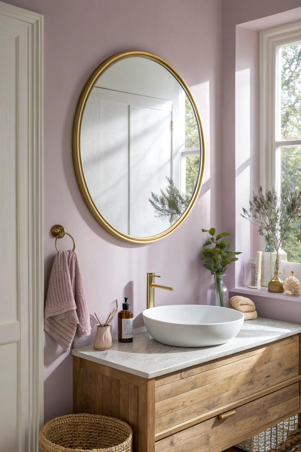 Powdery lavender + a big mirror: a calm, light-bouncing twist for the tiniest bathroom.