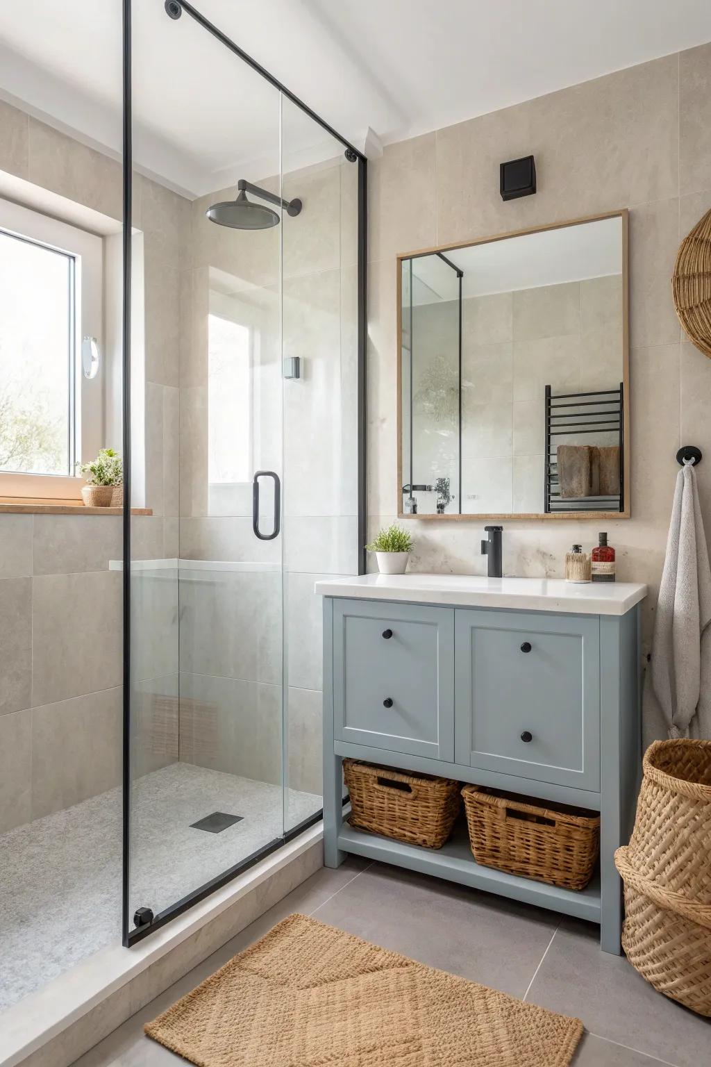 A frameless shower panel keeps sightlines open—so your blue vanity shines in a small bath.