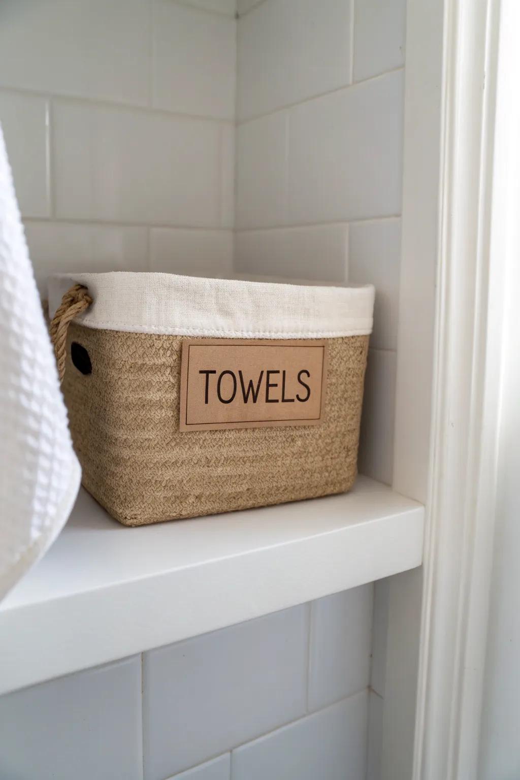 Simple labels keep tiny bathroom linen closets tidy—even when you’re not the only one.