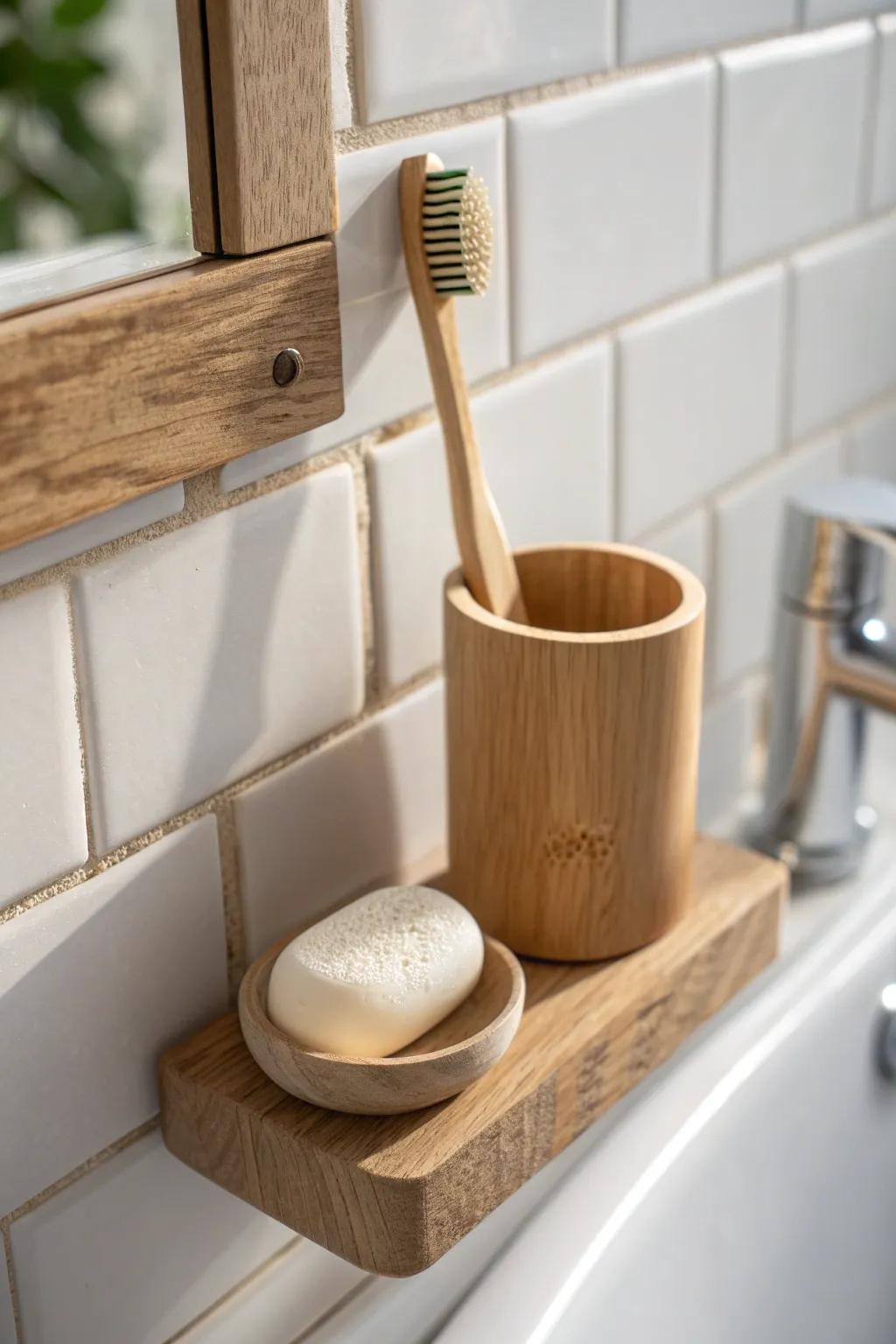 Free up sink space with a wall-mounted toothbrush + soap holder for a calmer, cleaner counter.