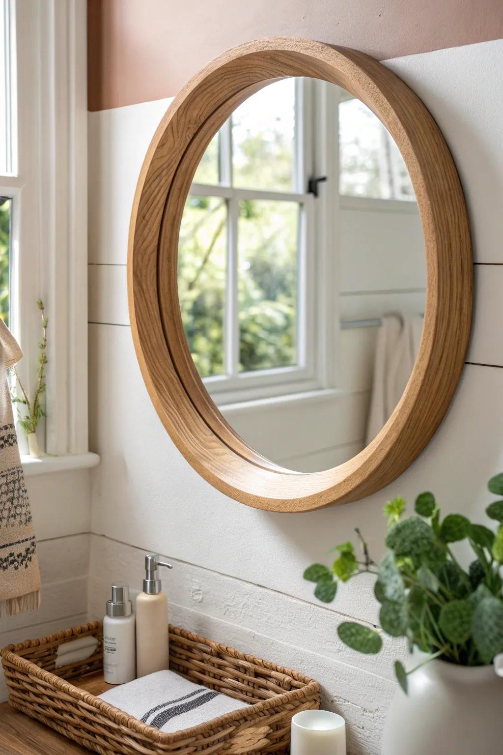 Two-tone walls add instant structure—darker below, lighter above—perfect for small bathrooms.