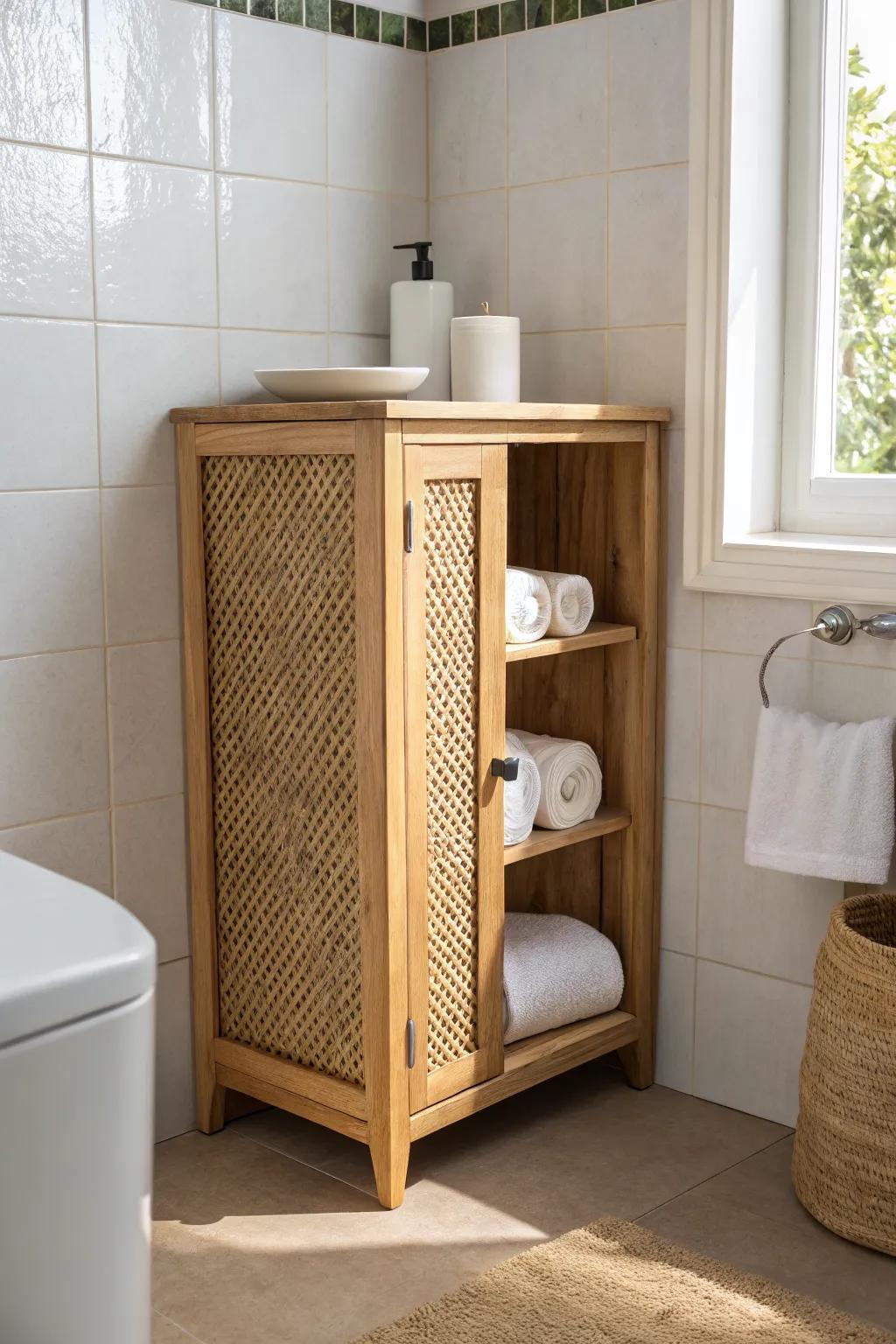 Tiny bath, big storage: a slim corner cabinet for towels, rolls, and extra soap, too.