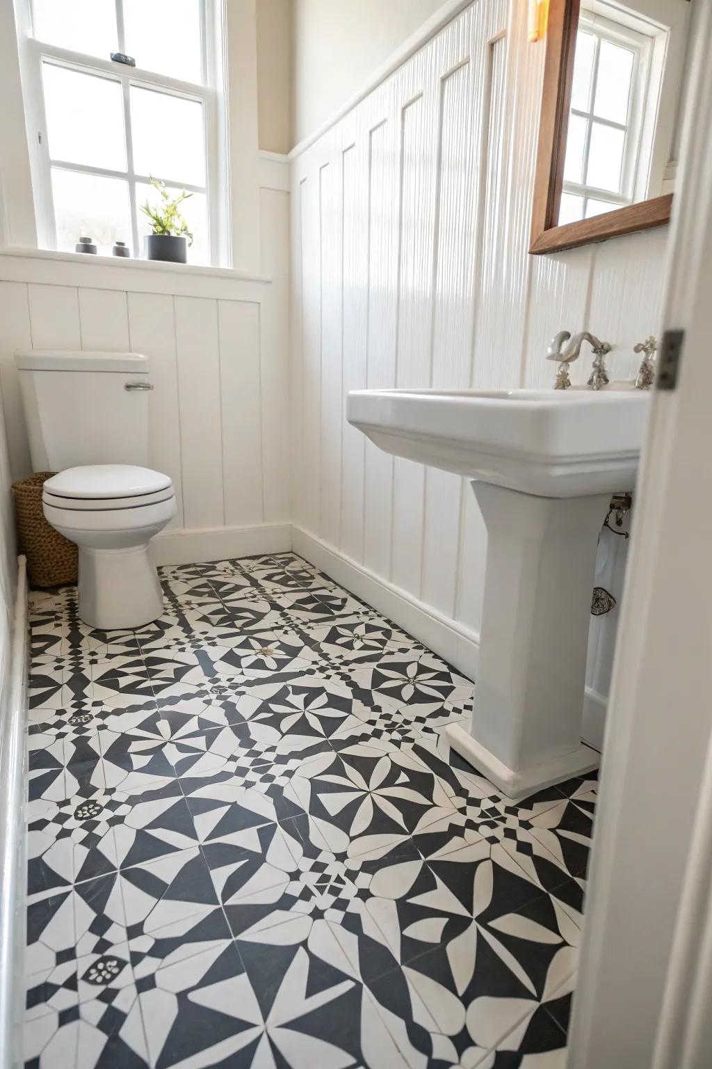 Tiny bath, big impact—black-and-white floor tiles make even a powder room feel designed.