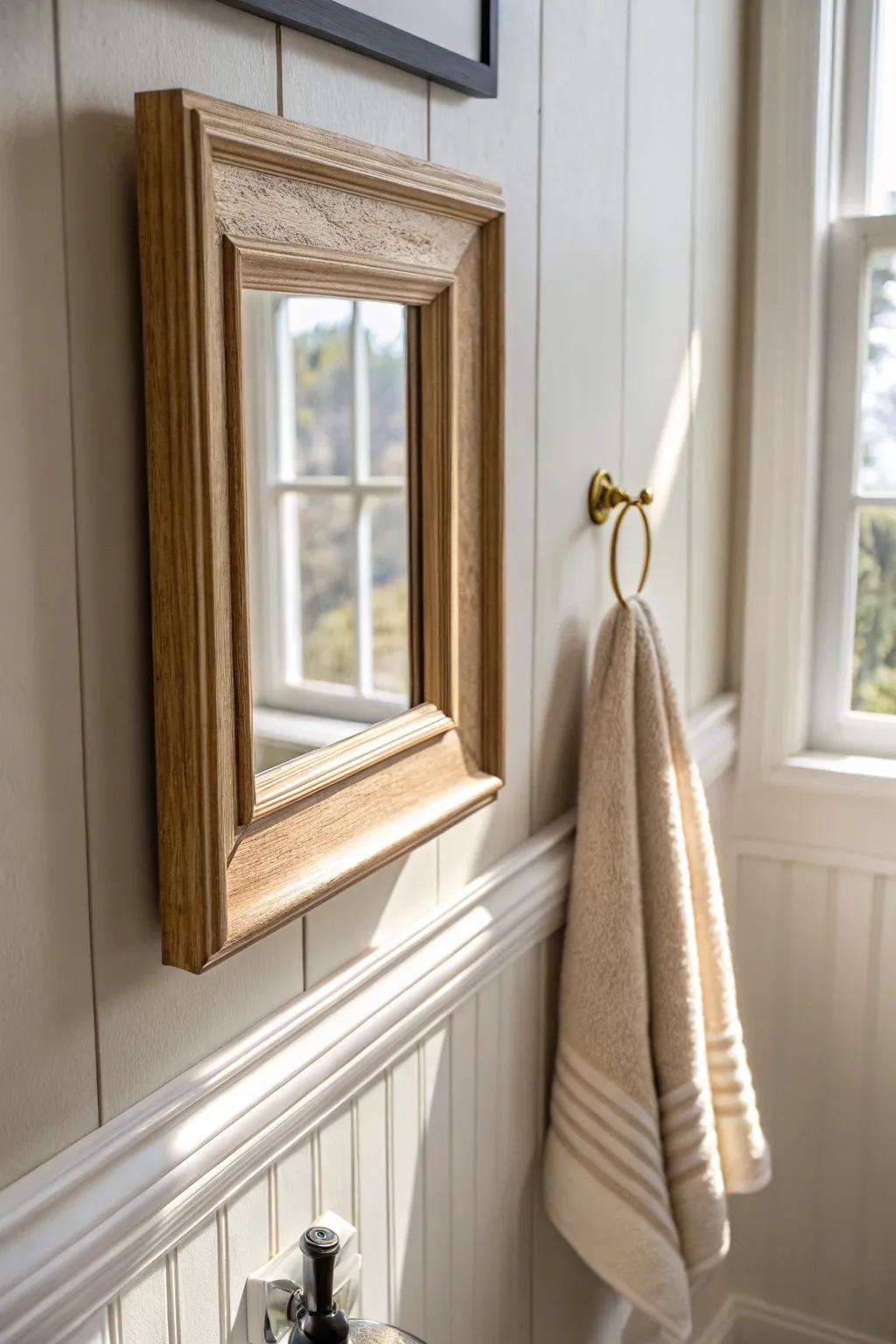 Classic picture-frame moulding makes a tiny powder room feel tailored, bright, and expensive.