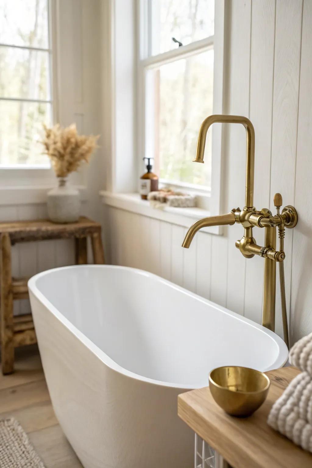 Wall-mounted faucet frees tub-deck space and keeps the rim easy to wipe clean.