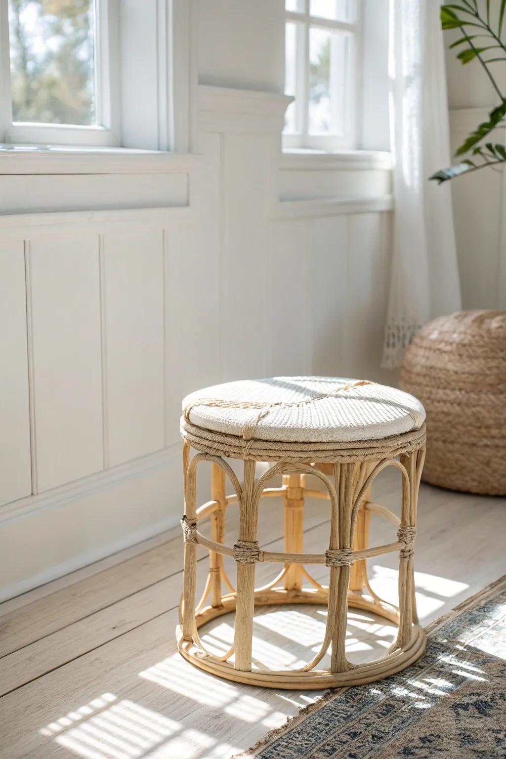 A light rattan stool adds coastal texture—beachy, bright, and never heavy in small spaces.