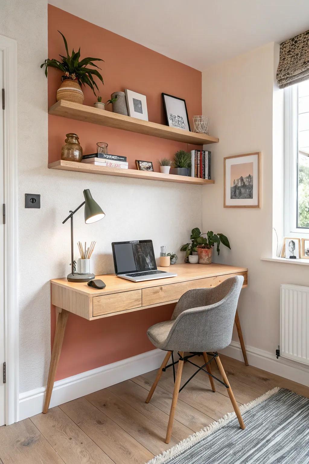 Turn an awkward alcove into a tiny desk nook with a contrasting paint tone and warm oak.