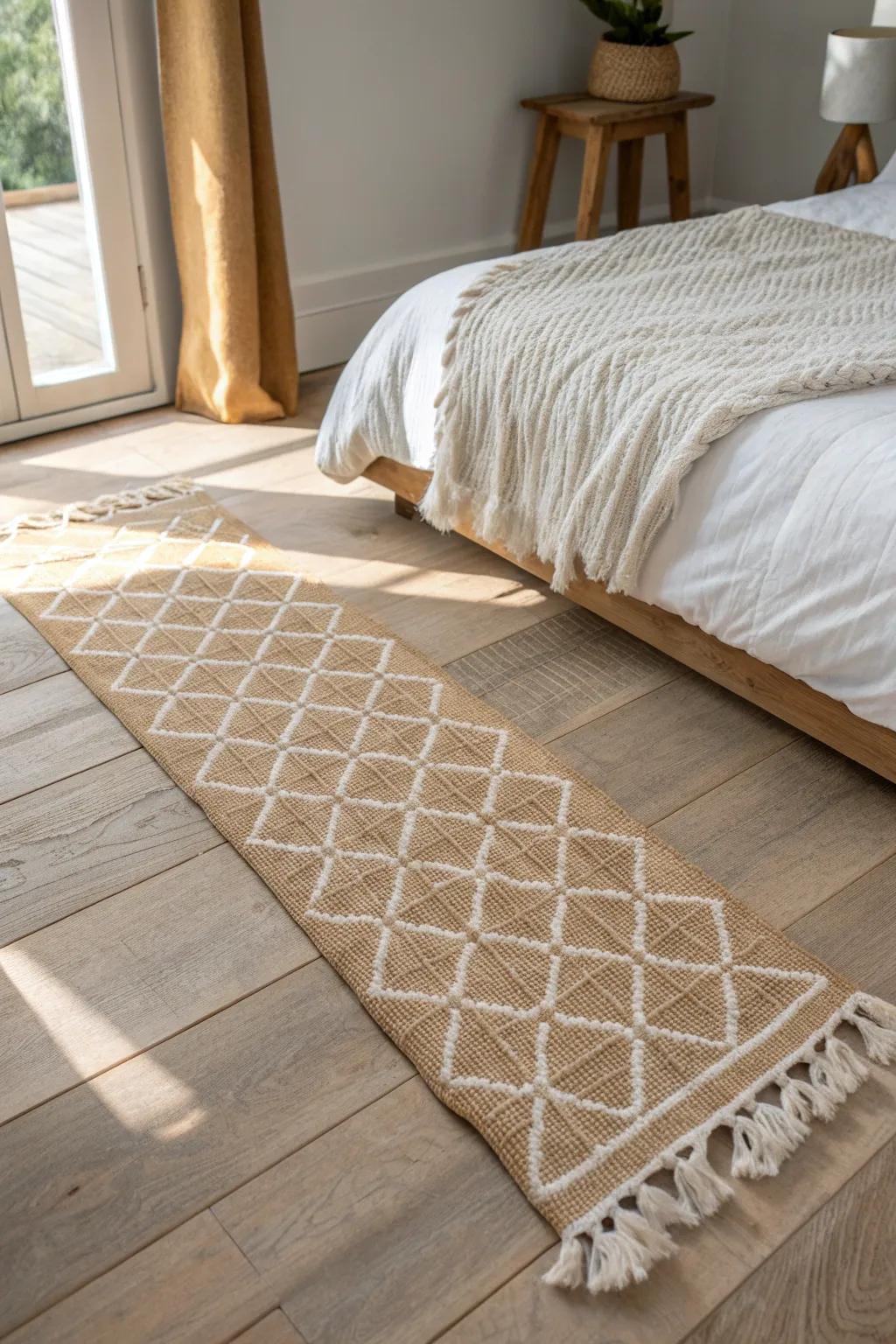 A slim low-pile runner warms your landing spot while keeping gorgeous flooring in view.