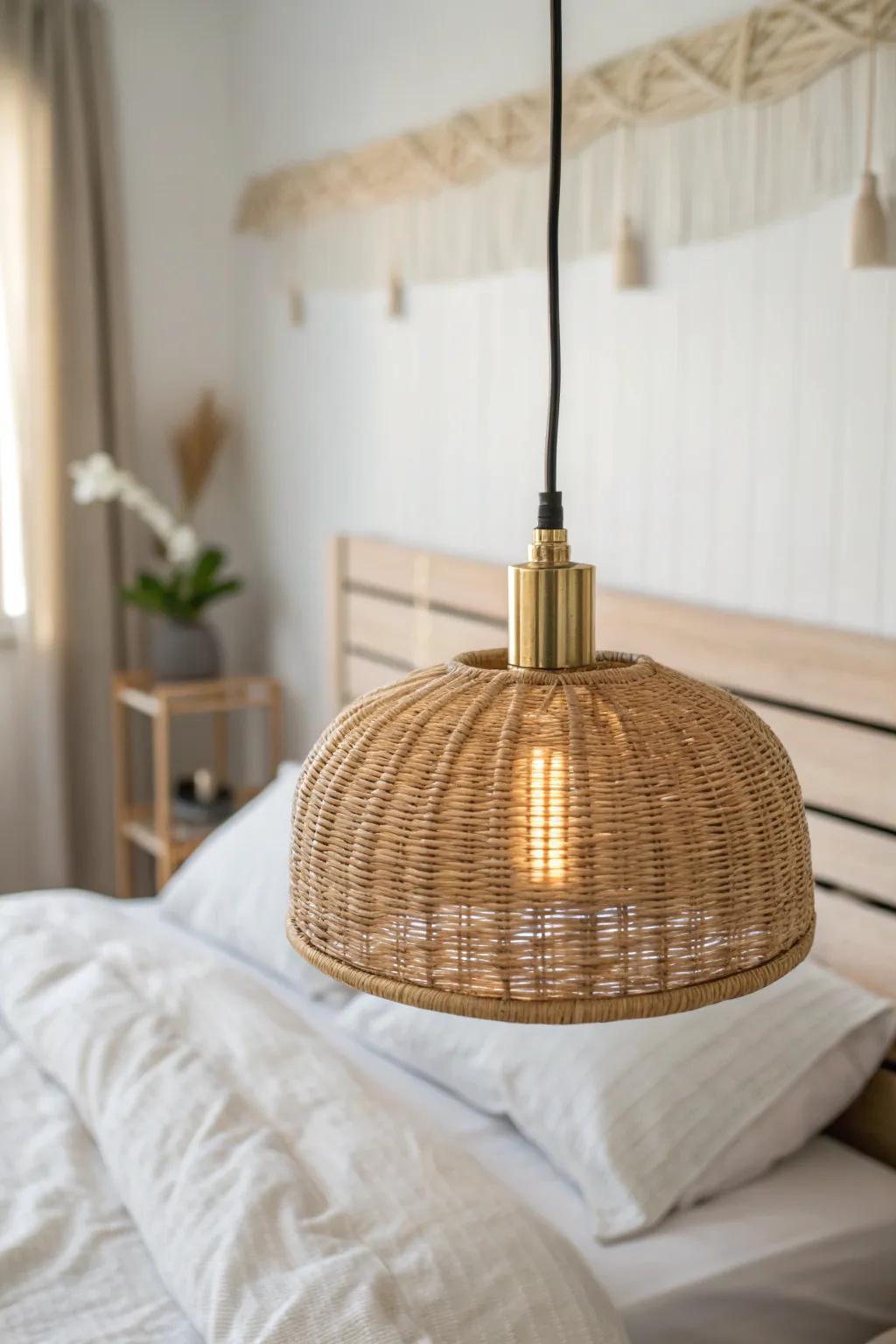 Swap bedside lamps for a hanging pendant—frees nightstand space and makes ceilings feel taller.