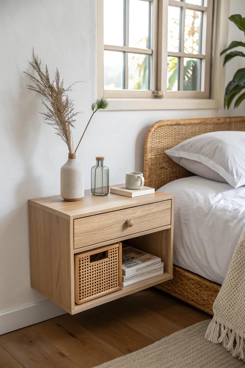 Floating nightstand in light oak keeps a small bedroom open, airy, and beautifully minimal.