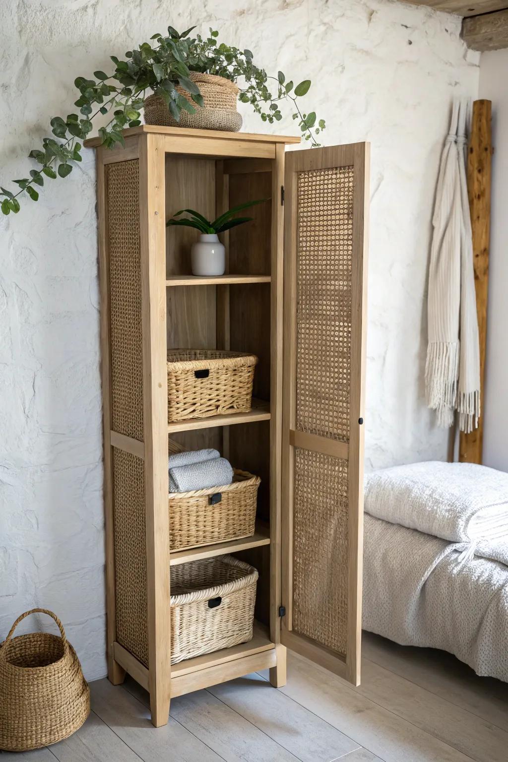 A tall, slim shelf turns unused wall space into calm storage—perfect for tiny bedrooms.