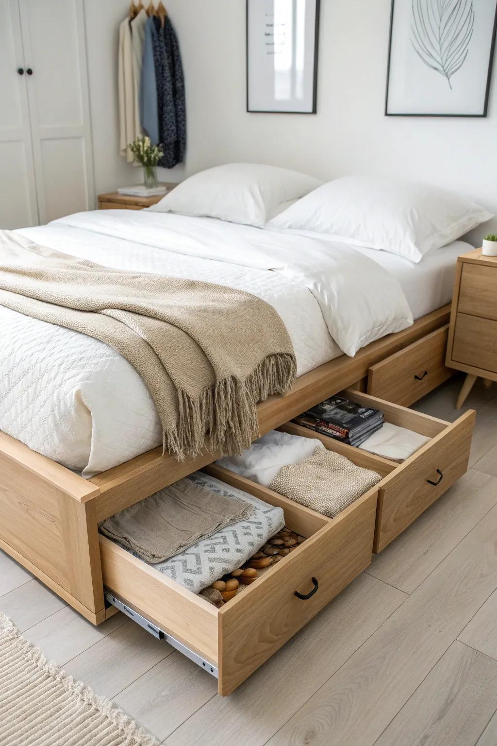 A sleek drawer bed turns under-bed space into hidden storage for off-season clothes.