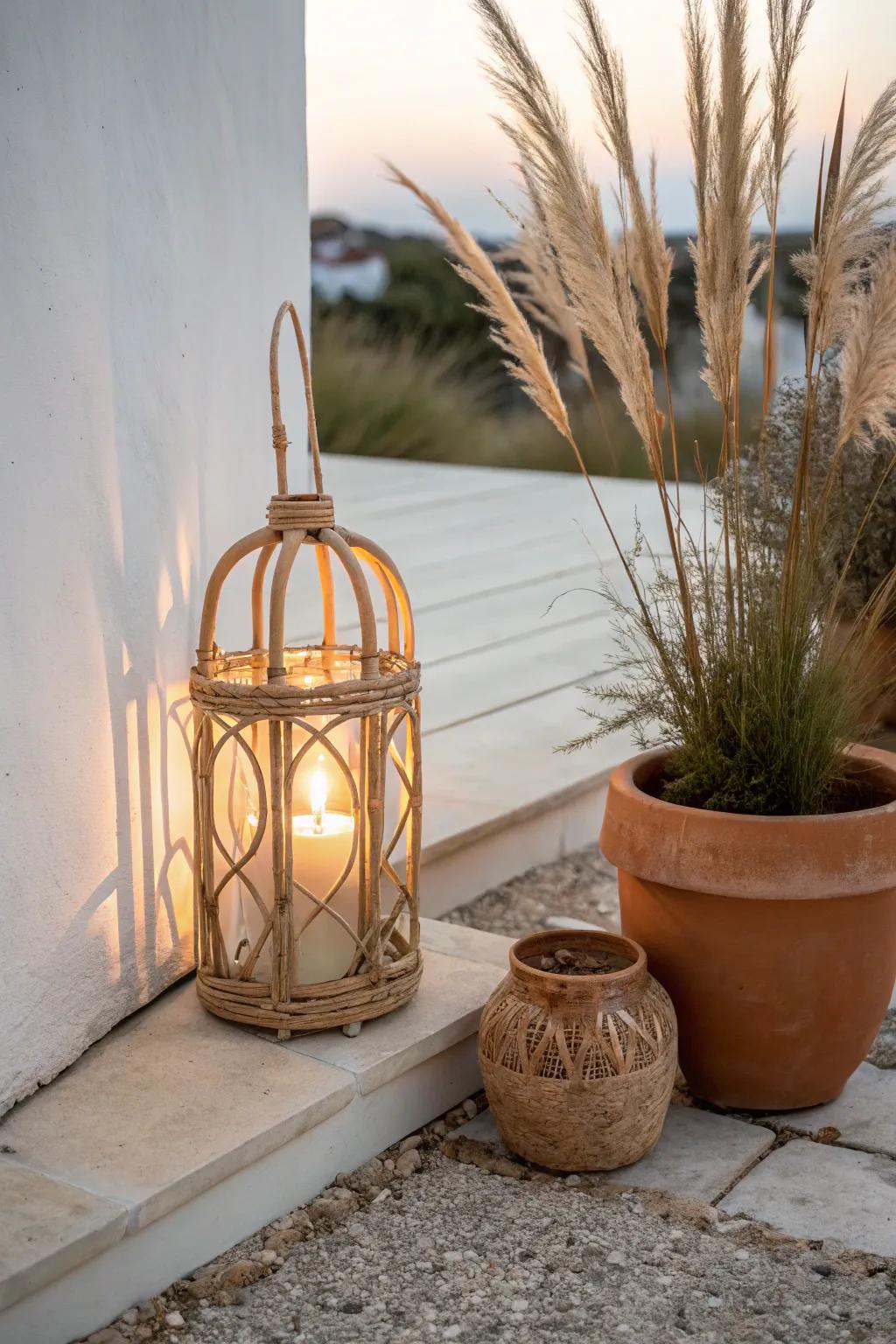 A warm floor lantern adds instant boho glow—and makes even the tiniest patio feel deeper.