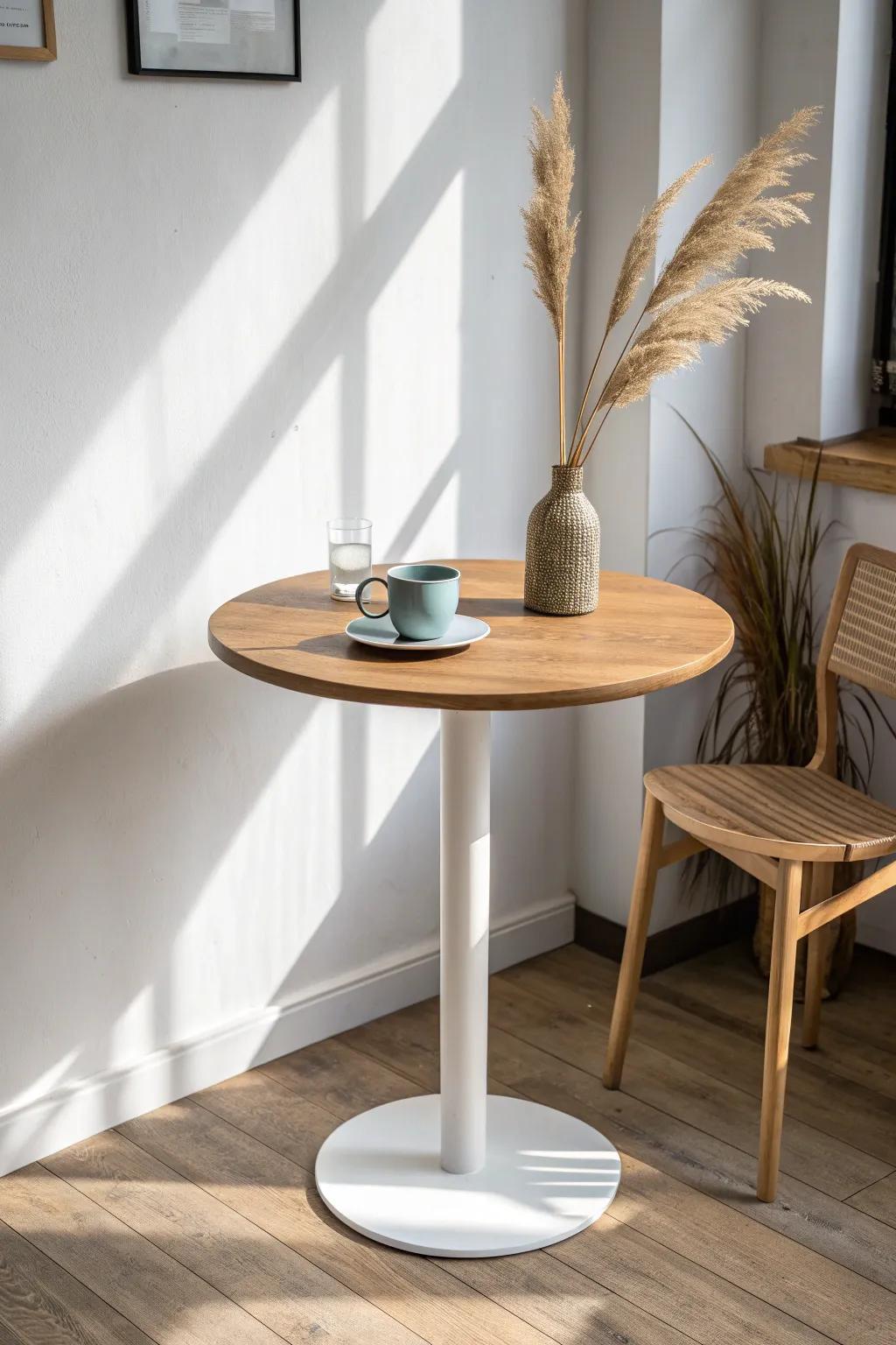 A small round pedestal table keeps tight break rooms open, cozy, and easy to move around.