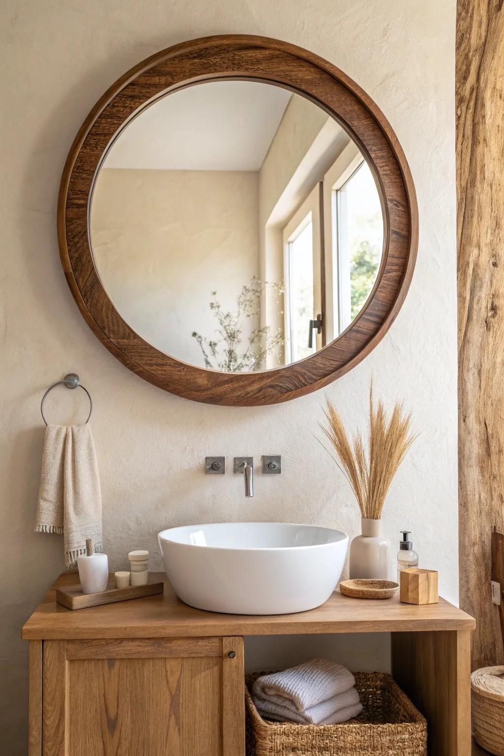 Go oversized: a big brown wood-framed mirror brightens a small bathroom instantly.