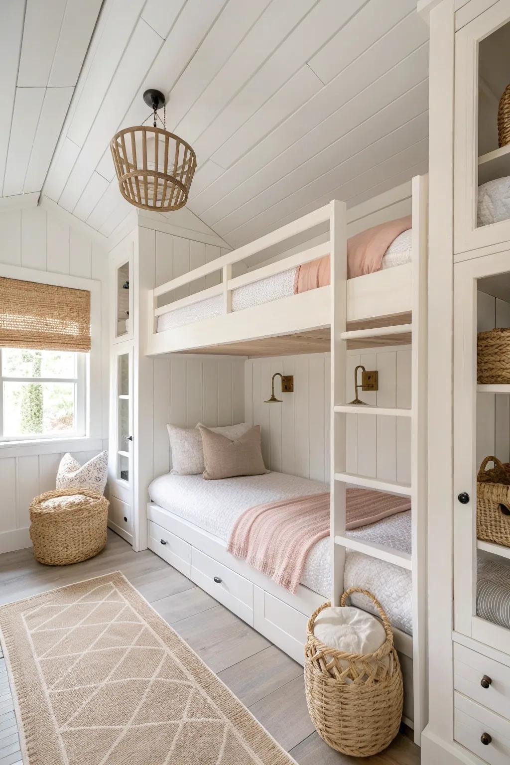 Symmetrical cabin bunks create instant calm—matching linens and lights make small spaces feel bigger.