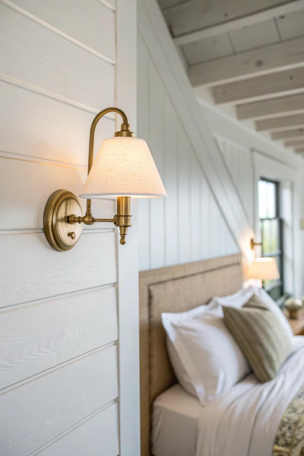 Wall sconces on a slope add charm and free every inch of bedside space in a Cape Cod loft.