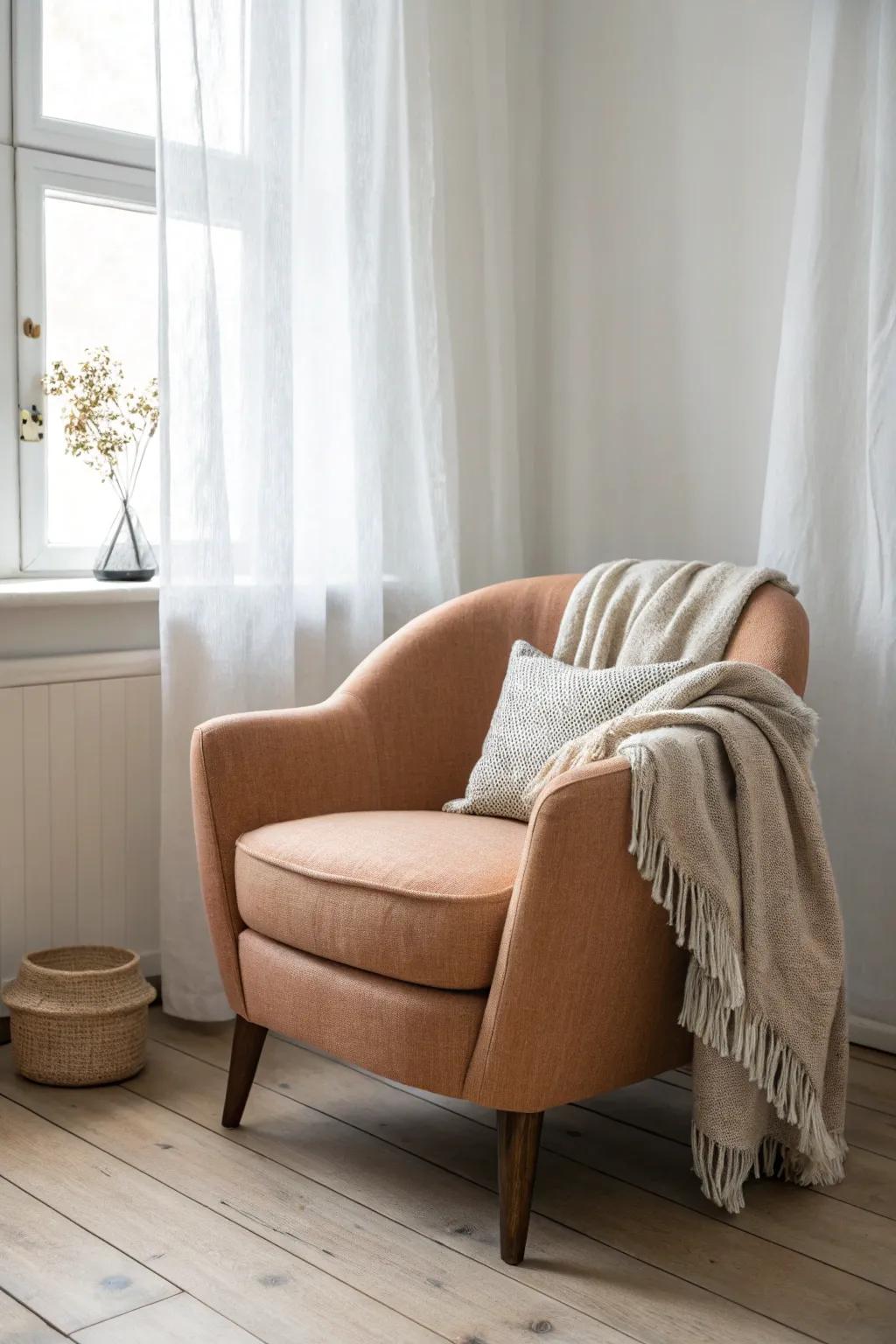 A cozy bouclé bedroom chair with a casually draped throw for an instant boutique-hotel feel.