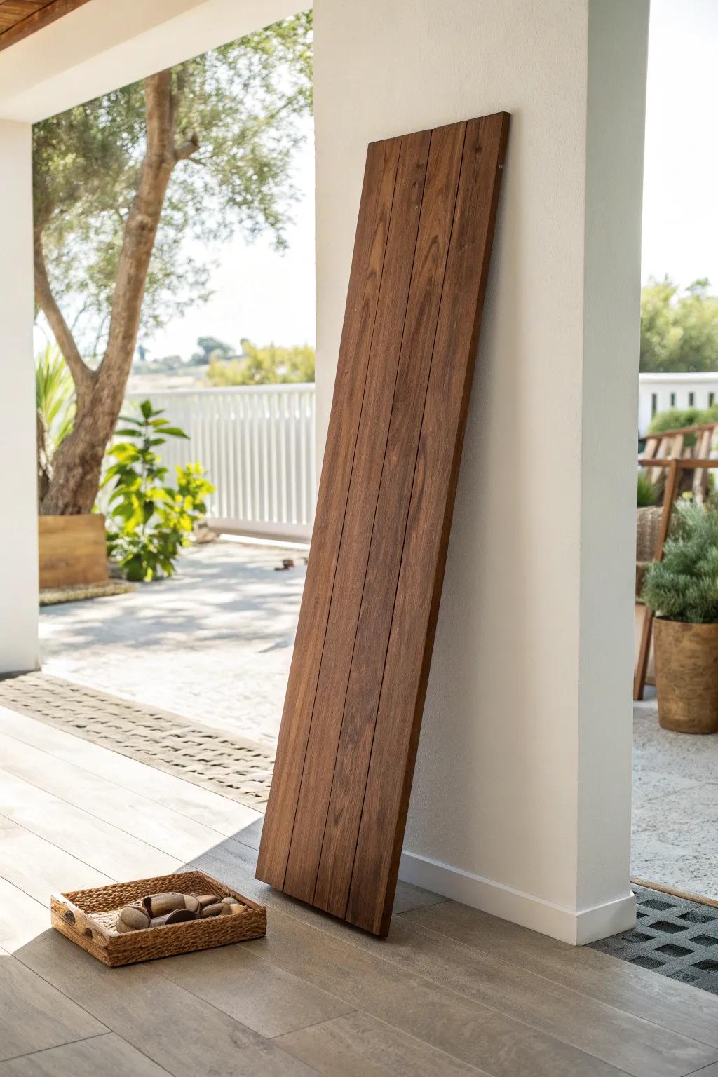 Get the cigar-room richness—one dark wood slat panel adds warmth without full paneling.