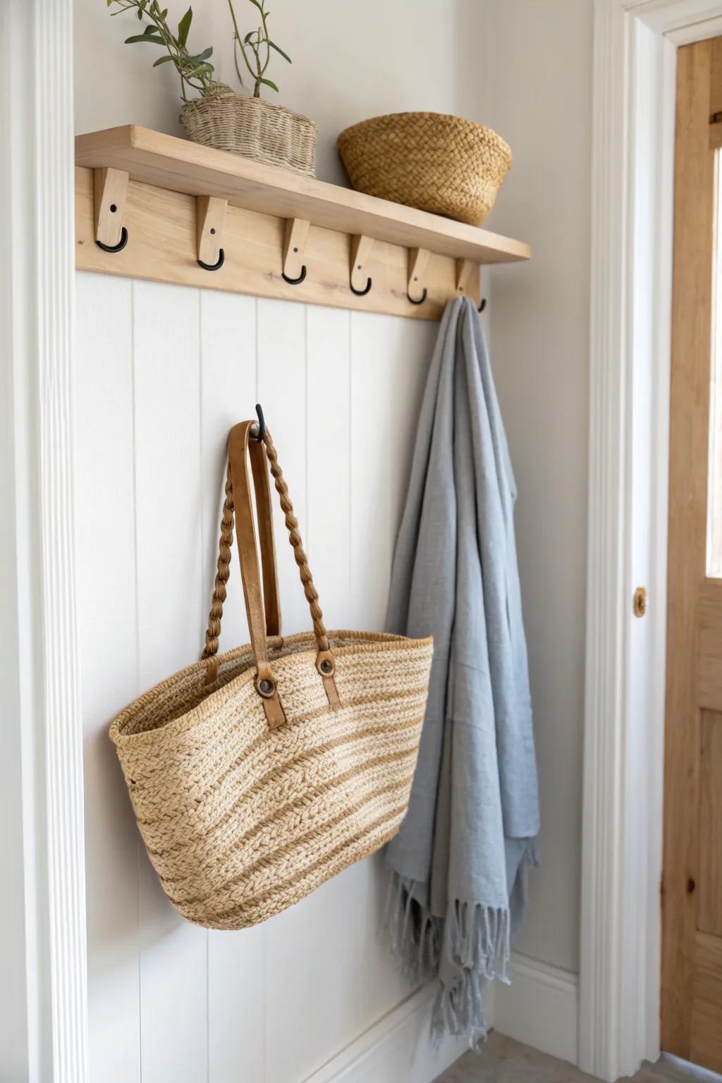 A calm coat-closet drop zone: warm oak pegs + one woven bin for instant entryway order.