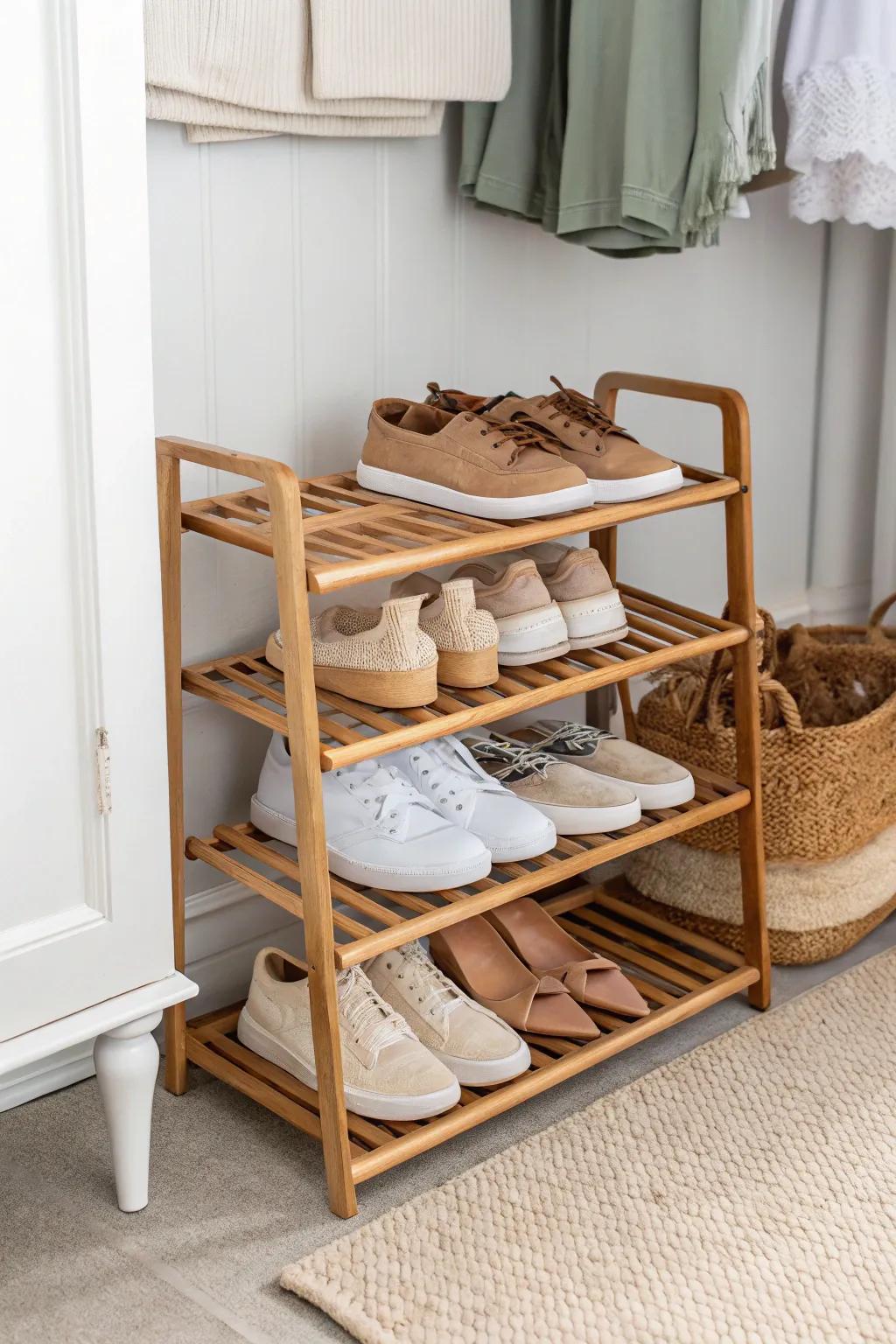 Put shoes on a tiered rack to go vertical—clear the closet floor and reclaim space.