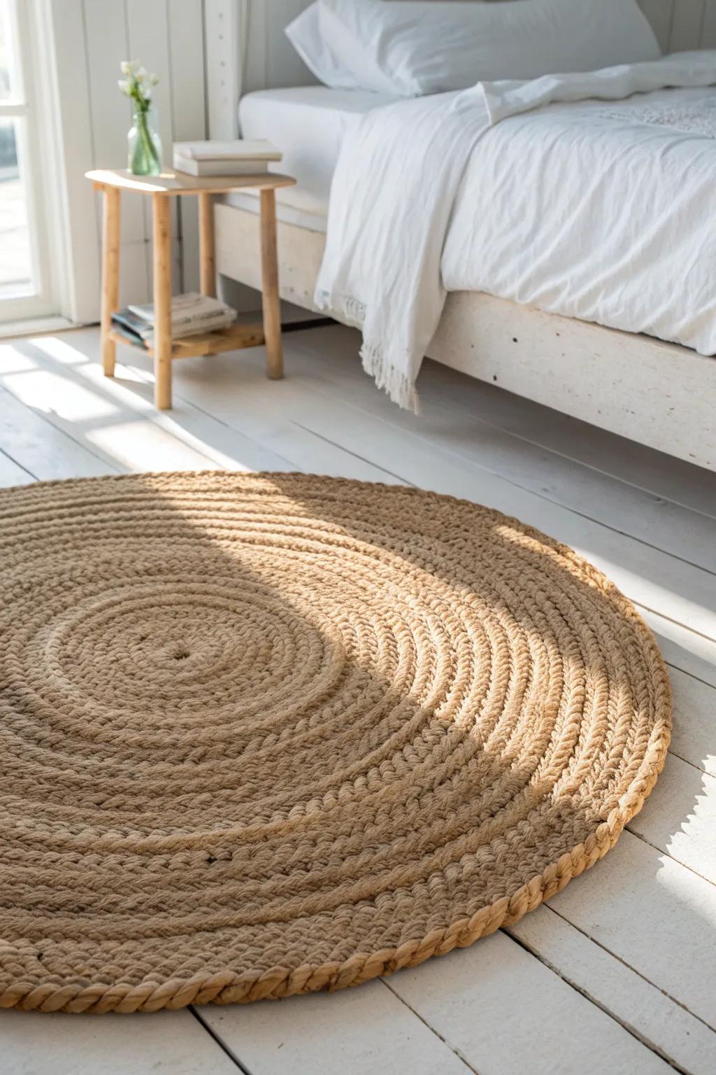Warm up a small coastal bedroom with a simple handwoven jute rug for beachy texture.