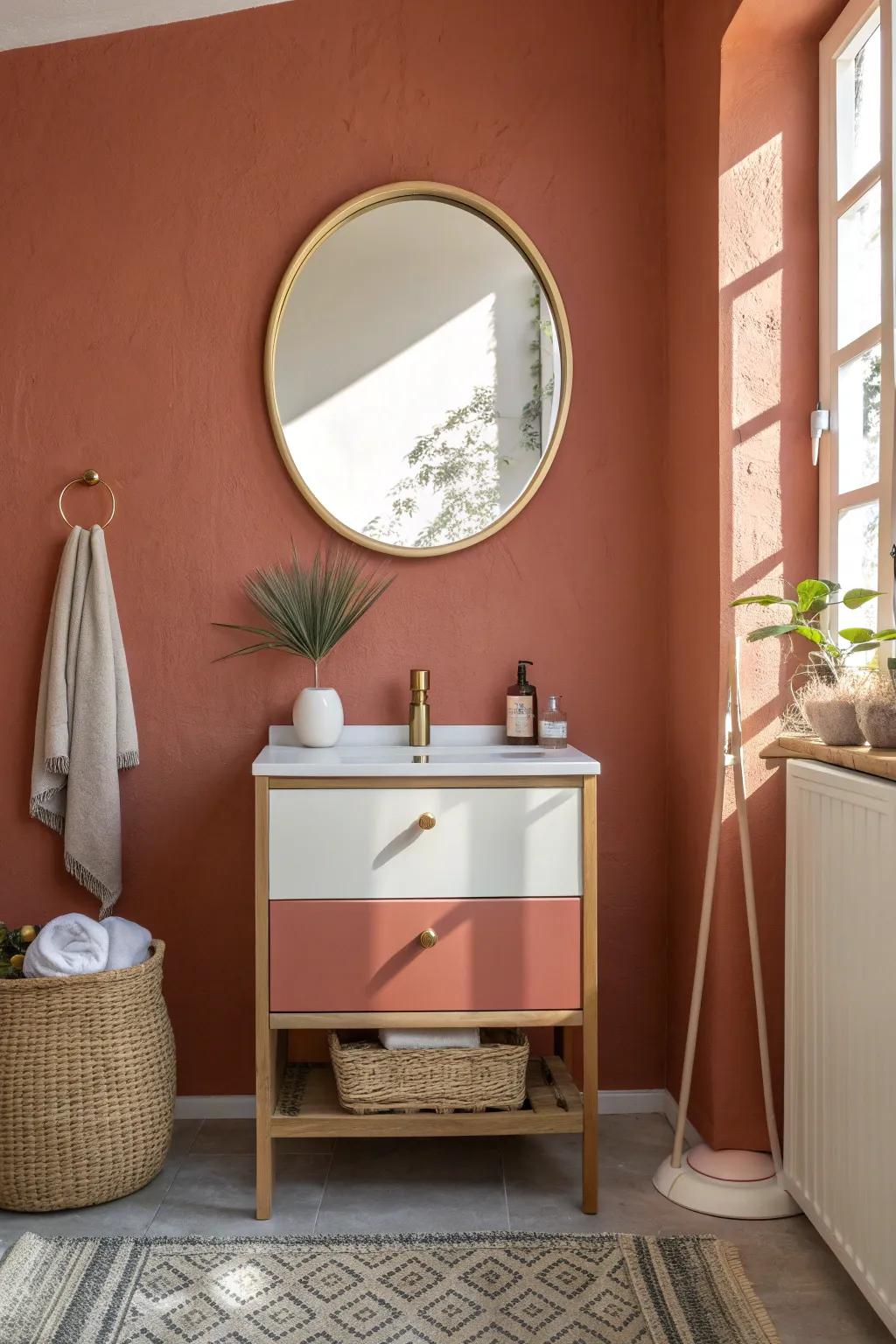 A round brass mirror softens bold color and makes a small bathroom feel calmer and brighter.