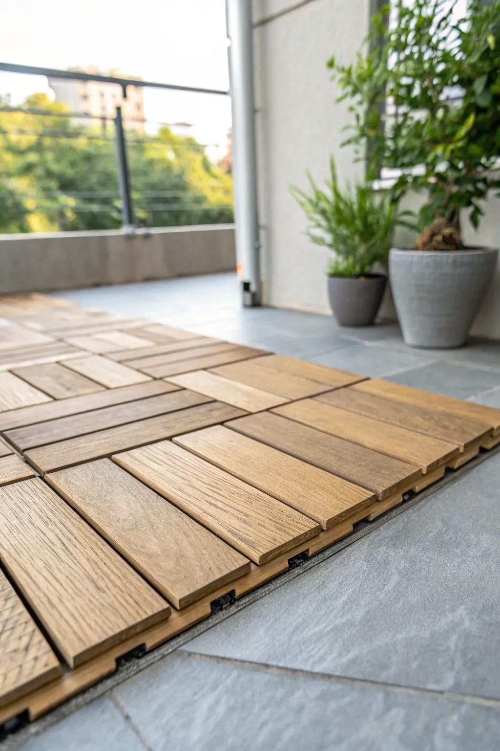 Interlocking deck tiles add warm wood texture to a small condo patio—fast, renter-friendly.