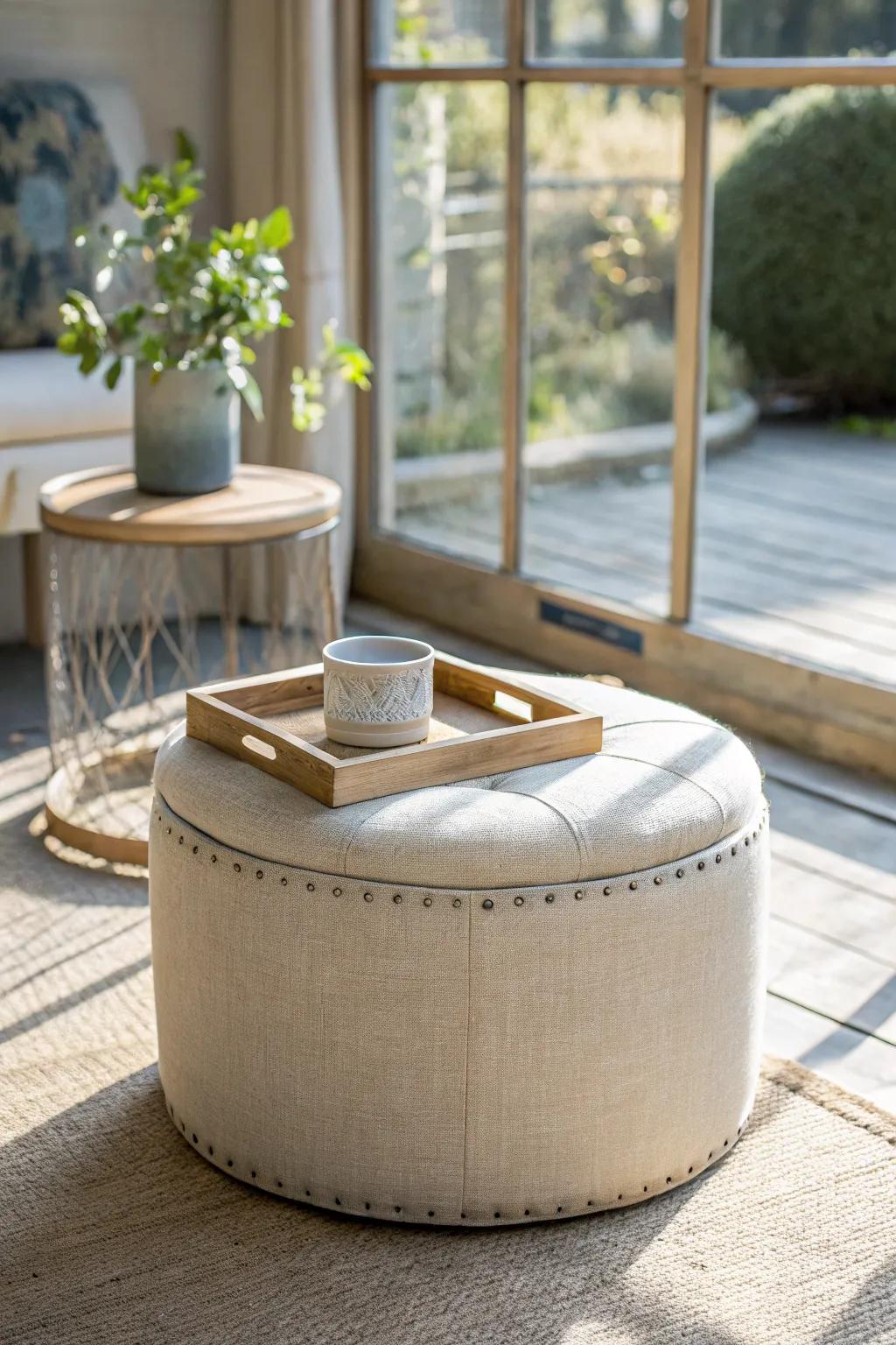 A storage ottoman + simple tray makes the perfect coffee table for a tiny conservatory.