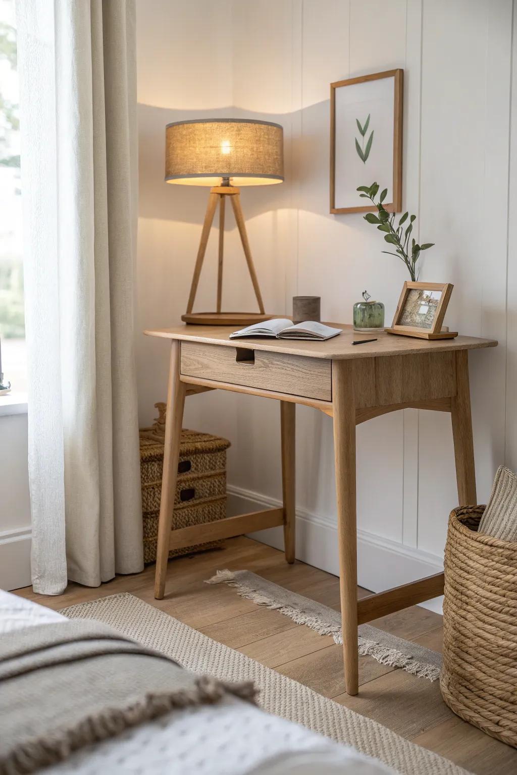 A calm bedroom corner work nook: tiny oak desk, soft lamp glow, and a simple tray.