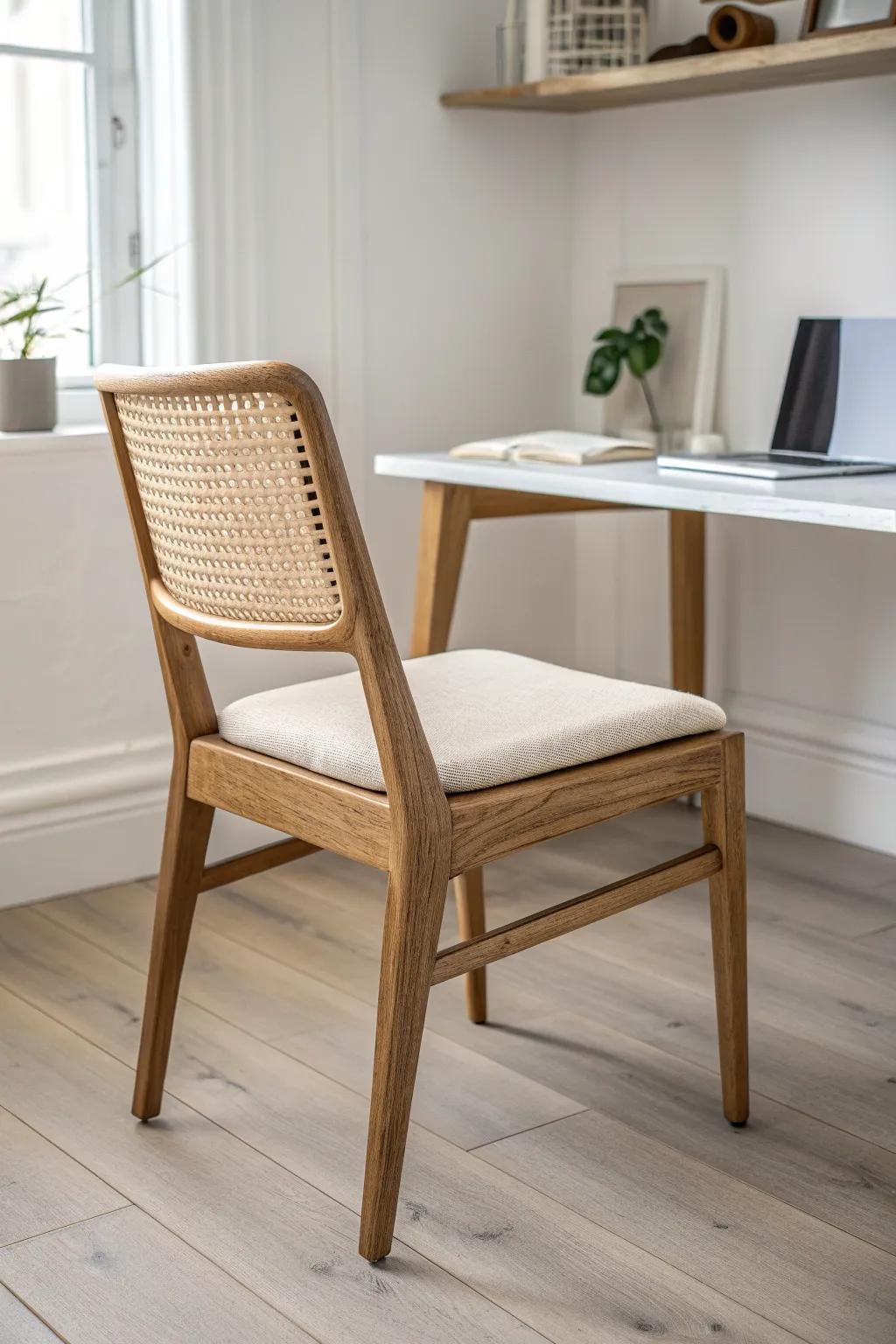 Lightweight chair with a slim silhouette—keeps a small corner office airy and calm.