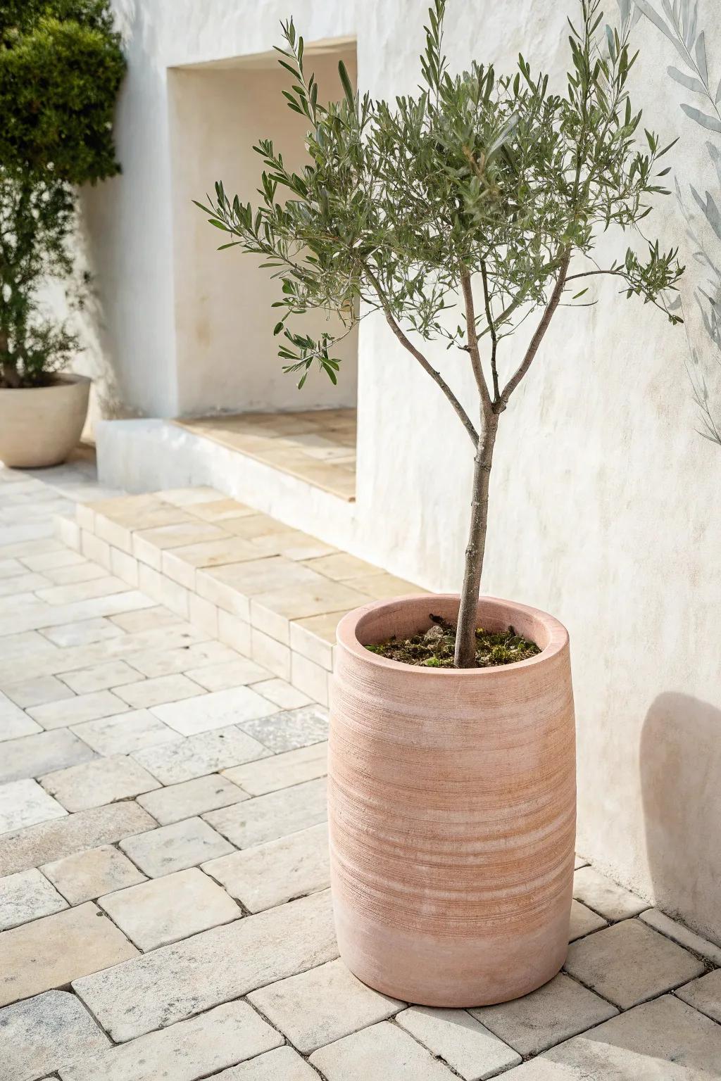 Repeat two finishes—pale stone + warm clay—for a calm, high-end courtyard that feels bigger.