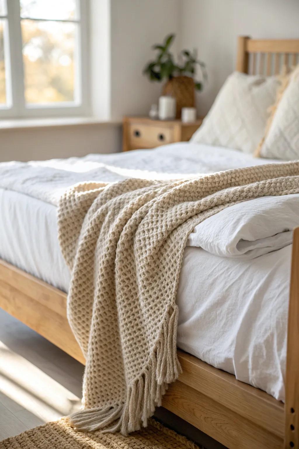 Crisp white bedding + one textured knit throw for a cozy minimalist bedroom feel.