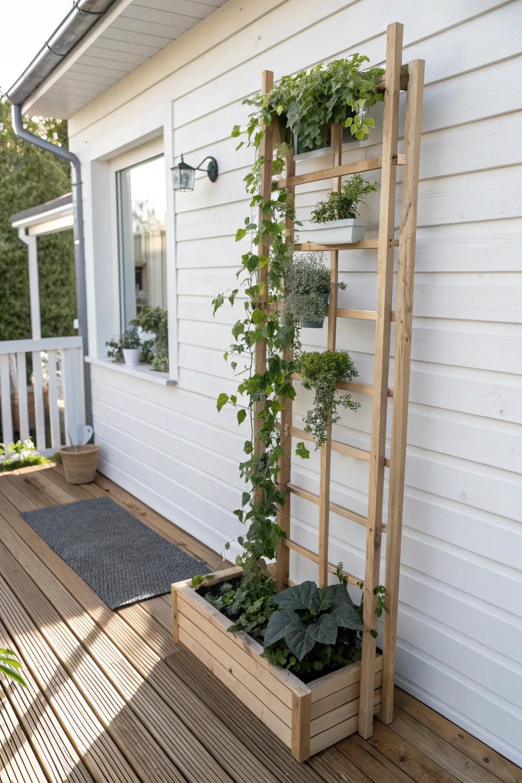 Build up, not out: a slim vertical garden that turns a tiny deck into a lush courtyard.