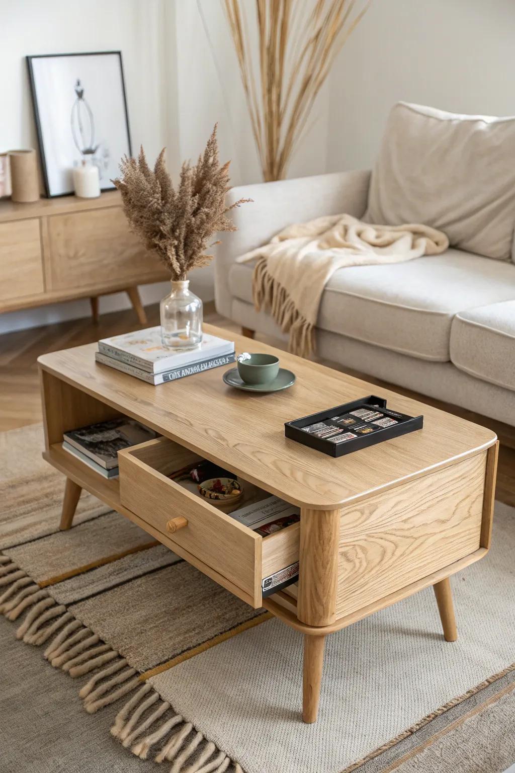 A sleek storage coffee table keeps small den essentials hidden and the vibe calm.