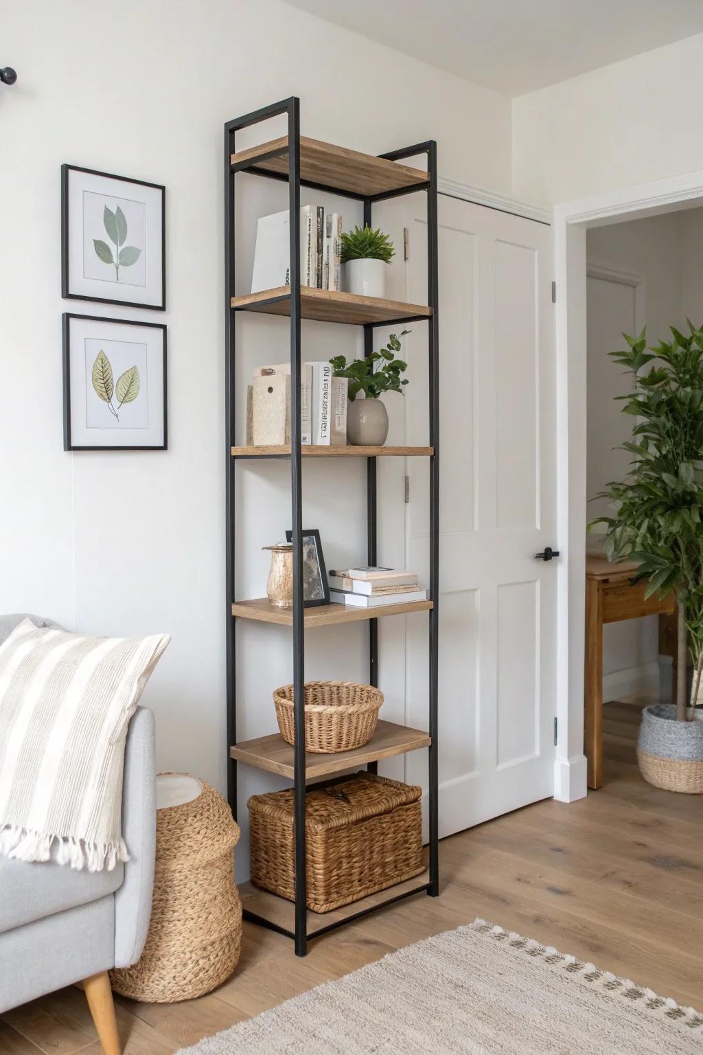 Floor-to-ceiling shelving turns a tiny den into a cozy library—clutter up, calm down.