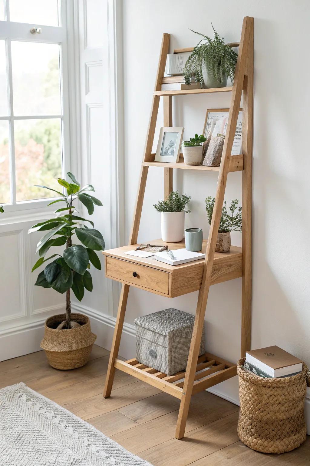 Lean-in ladder desk: slim workspace plus vertical shelves for storage and display in one.