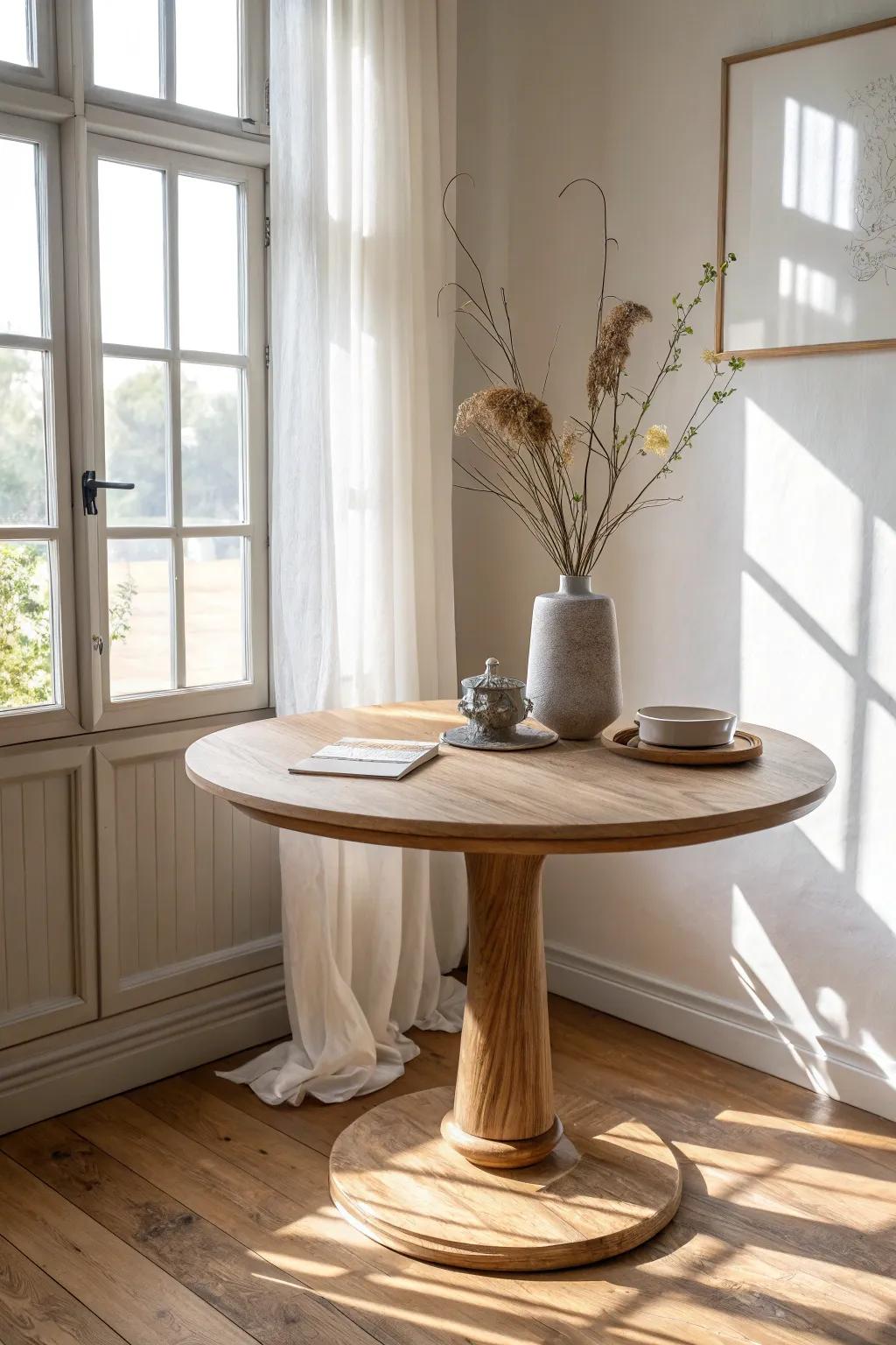 A round pedestal table by the window keeps a tiny dining nook open, bright, and easy to walk around.