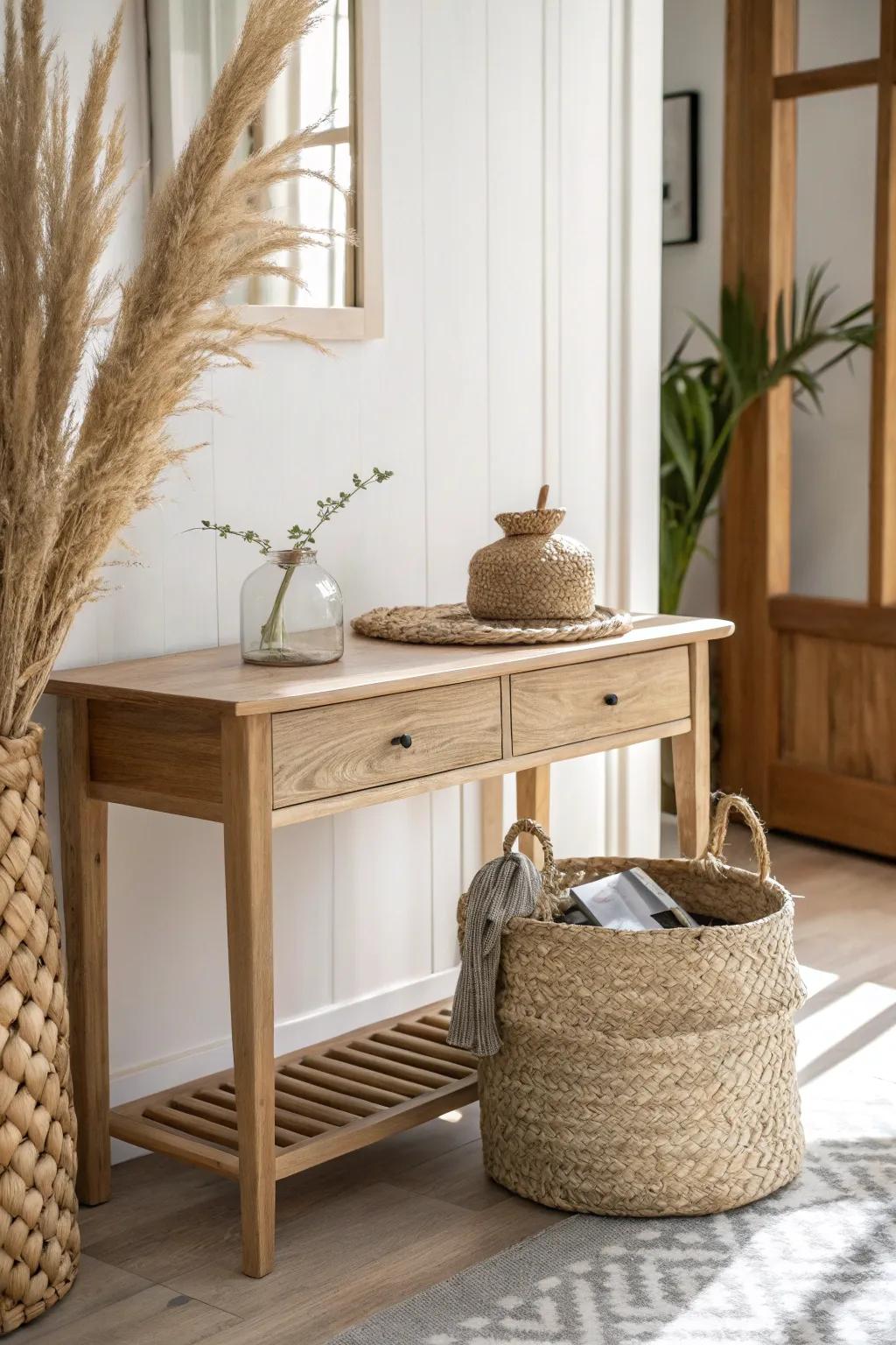Hide entry clutter in style with a lidded woven basket tucked under a bench.