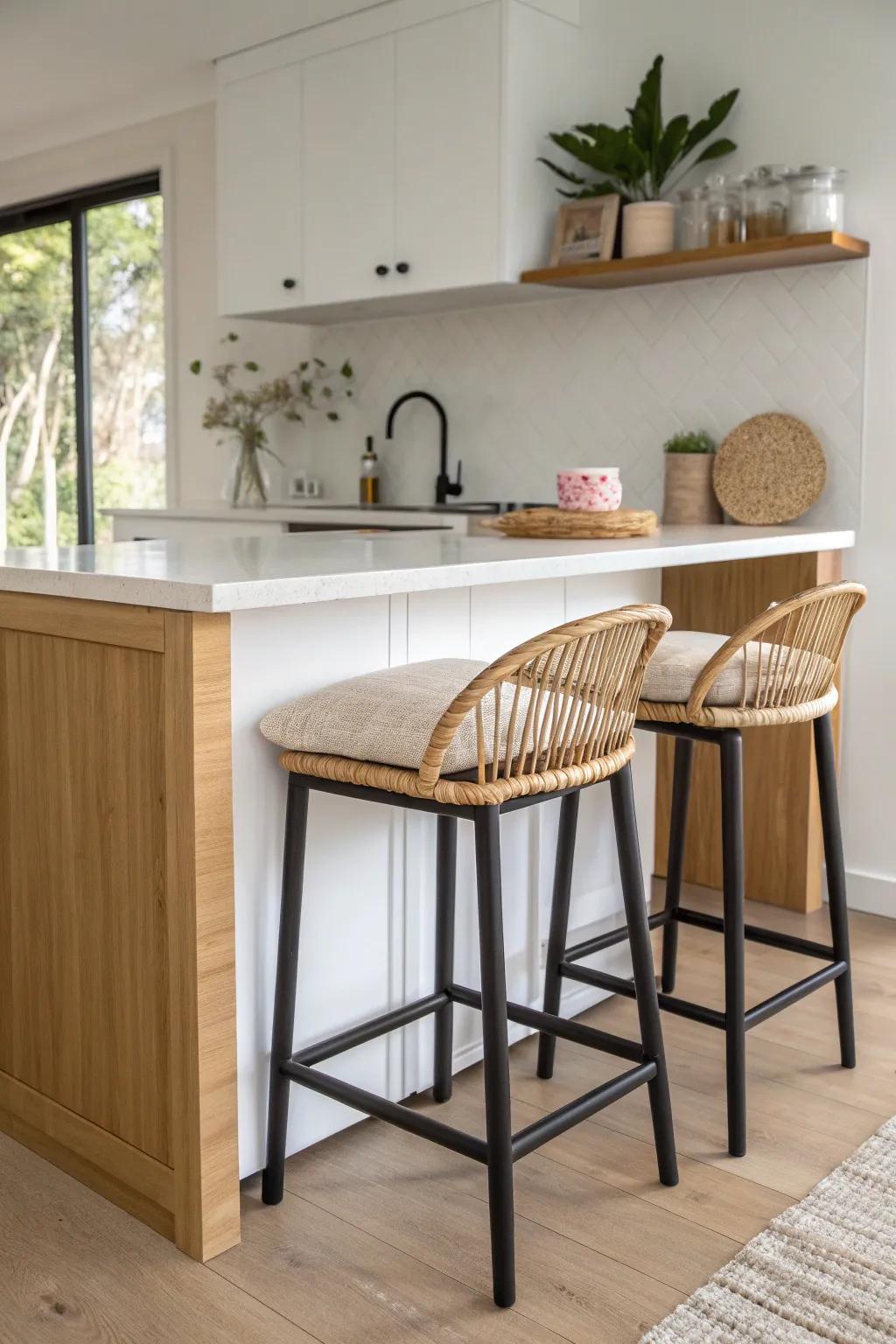 Swap the table for peninsula stools—instant eat‑in charm for the tiniest kitchens.