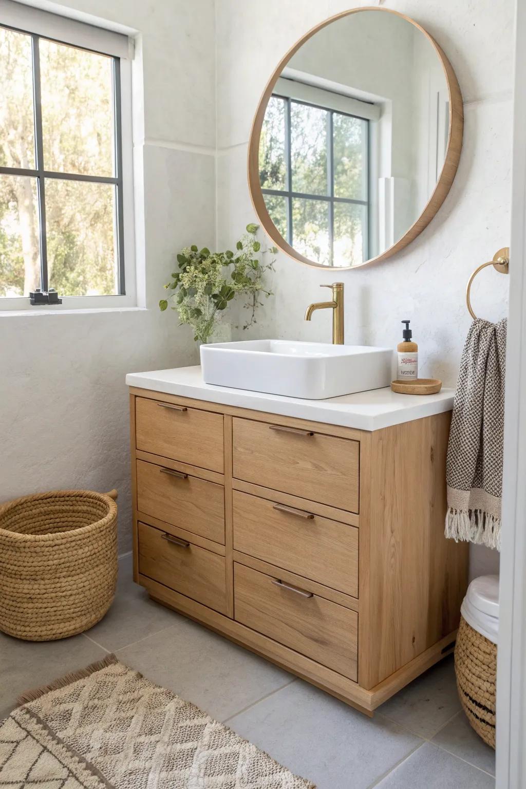 Light neutrals + a warm oak vanity make even the tiniest en suite feel calm and open.