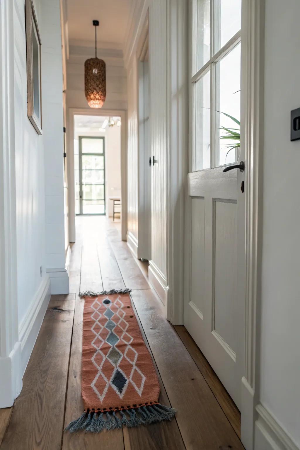 A patterned runner rug draws the eye forward, making a tight entrance feel longer and calmer.