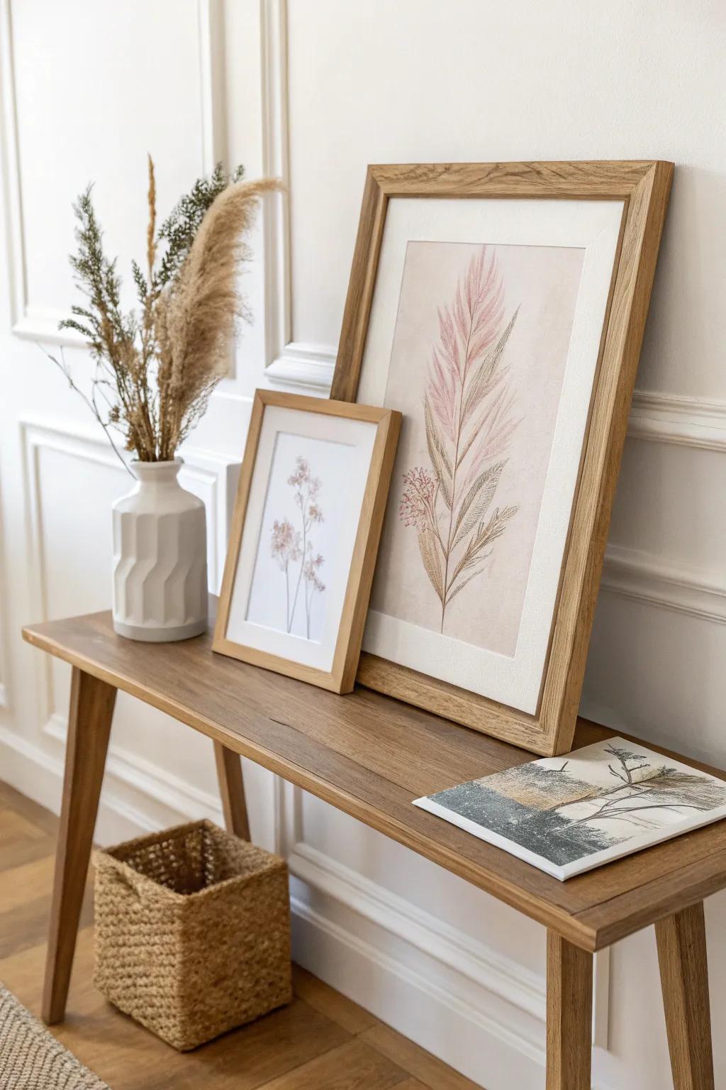 Layer two frames for instant depth—perfect styling for a shallow entry table.