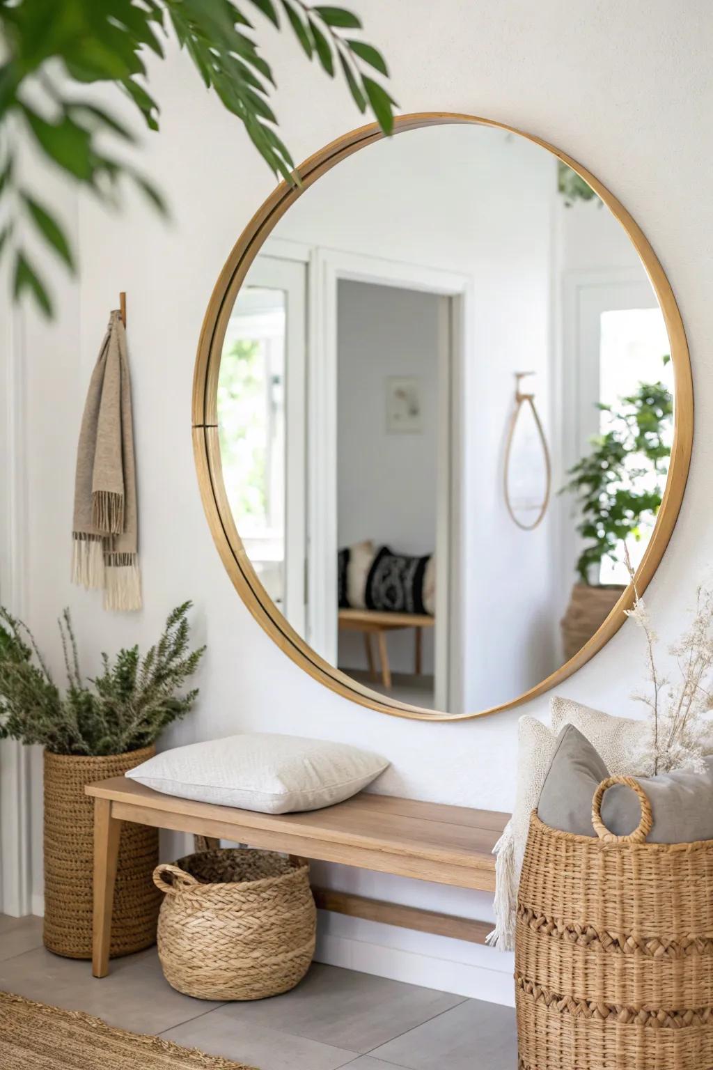 A round mirror above the bench bounces light and makes even a tiny entryway feel bigger.