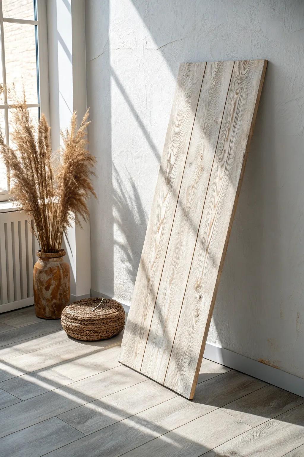 Wood-look tile planks add instant warmth to a tiny foyer—durable, cozy, and seamless.