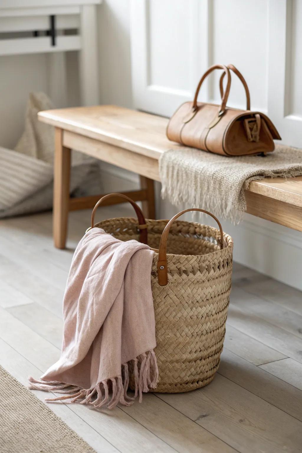 A woven basket tucked under the bench—cozy entryway storage that hides clutter in seconds.
