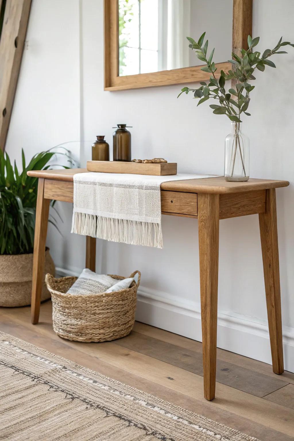 A slim entryway console table with a linen runner adds softness and hides everyday scuffs.