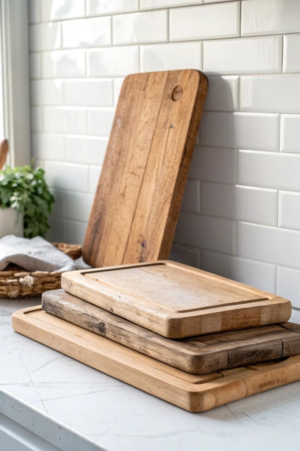 Thrifted wood cutting boards layered by the backsplash for instant cozy farmhouse charm.
