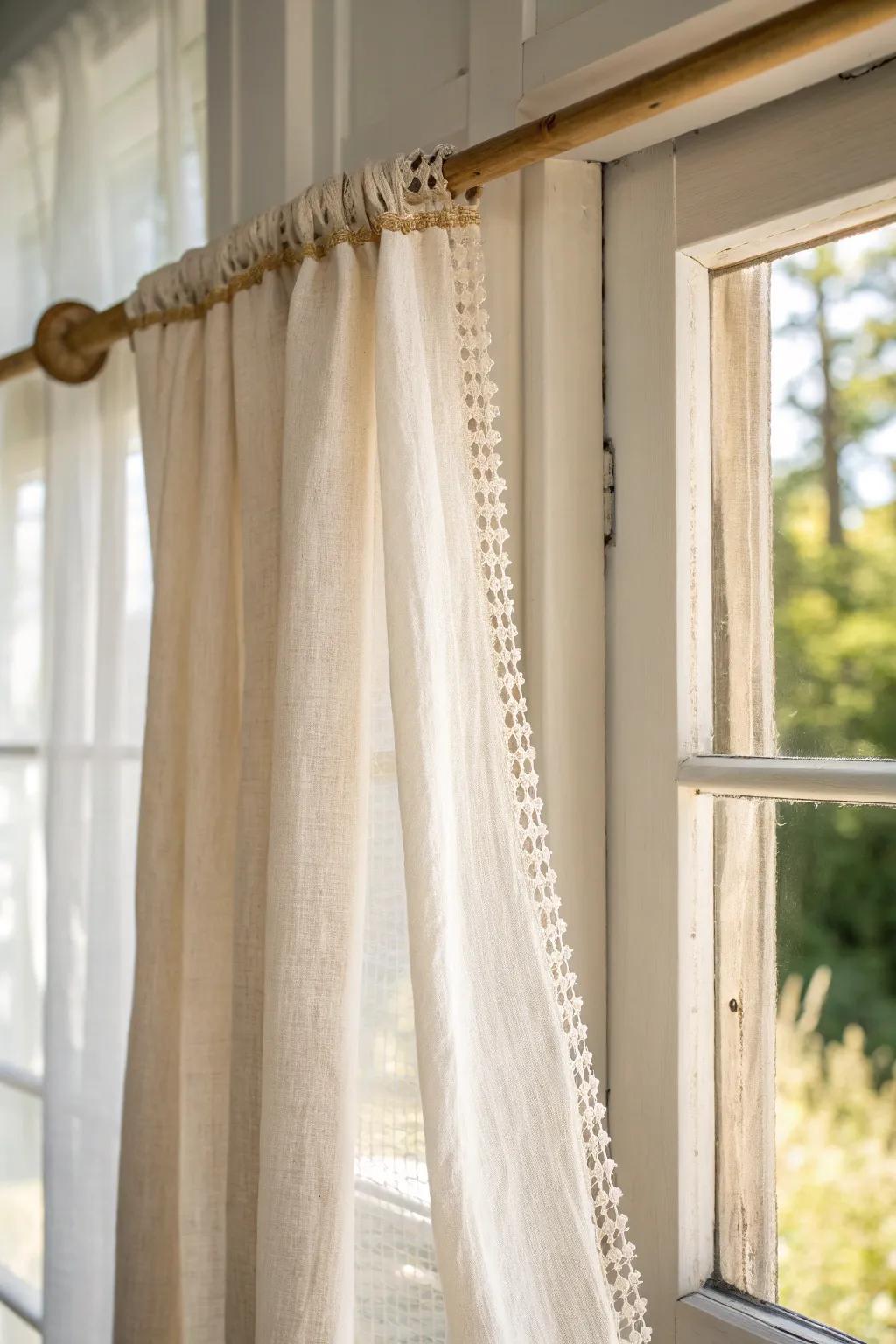 Airy sheer linen curtains brighten a tiny farmhouse living room without adding visual weight.
