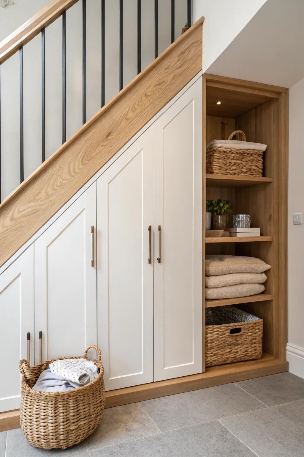 Wedge-shaped under-stair built-ins: closed storage with warm oak details for a small basement.